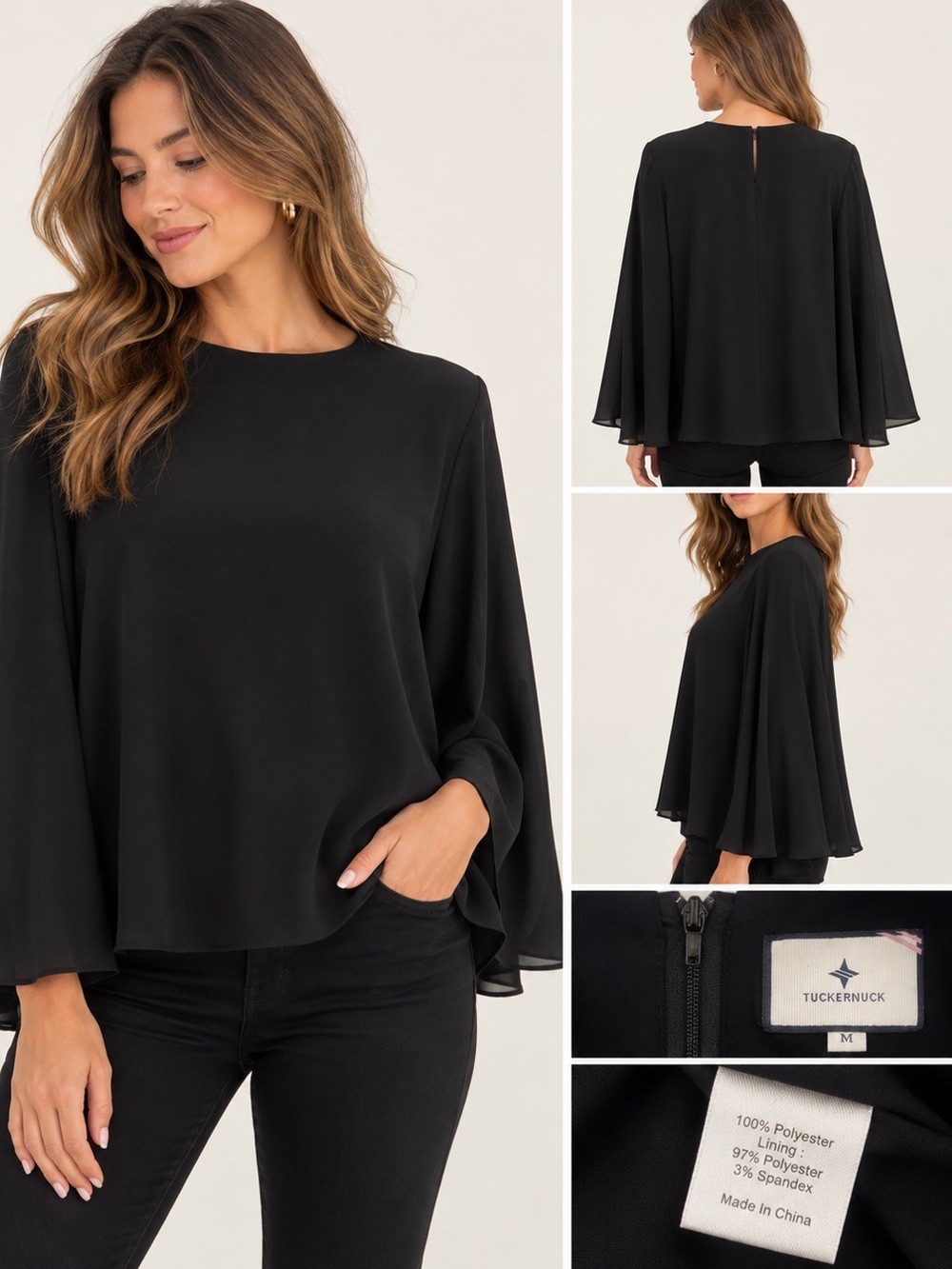 Tuckernuck Black Cape Sleeve Blouse Women’s Size M Elegant Flowy Top